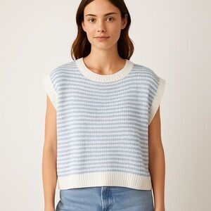 Blue and White Striped Boxy Sleeveless Sweater
